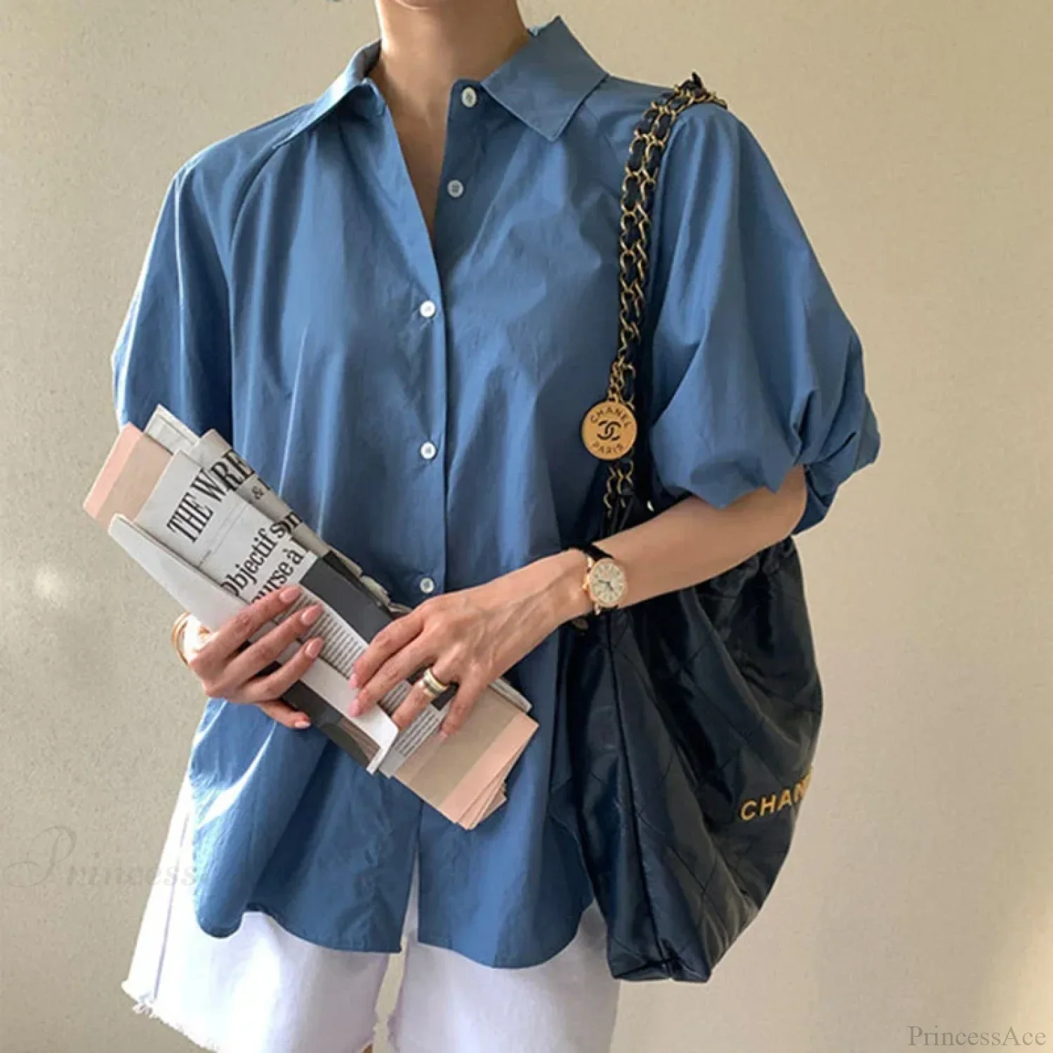 Blue Puff Sleeve Casual Loose Summer Shirt - Image 2