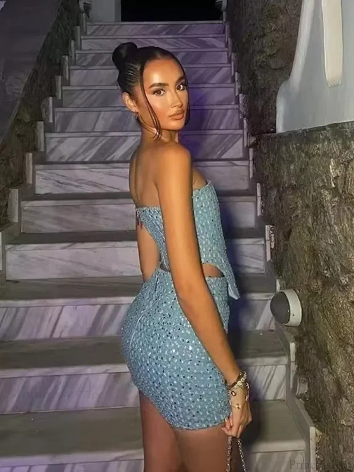 Blue Sequined Denim Strapless Party Dress - Image 2