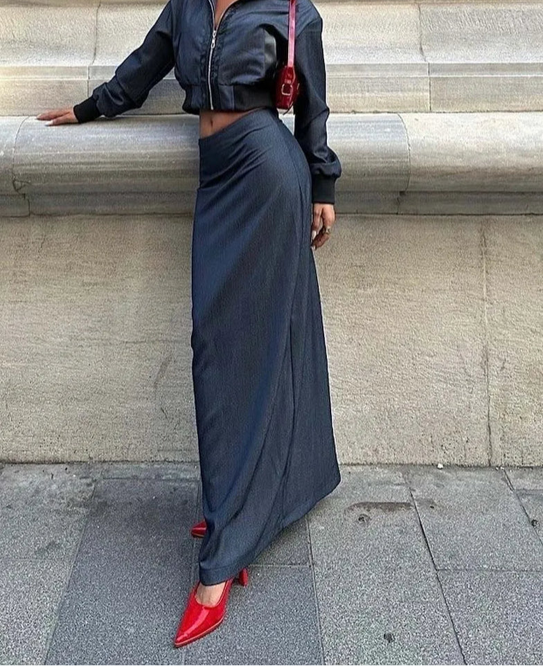 Blue Zipper Crop Low Waist Office Two Piece Set - Image 2
