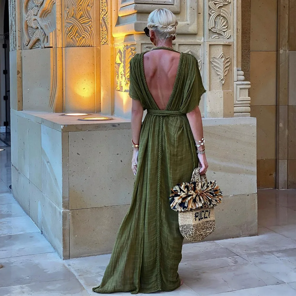 Bohemia Holiday Dress Elegant Solid Casual Loose Long Dresses Summer Party Dress - Image 2