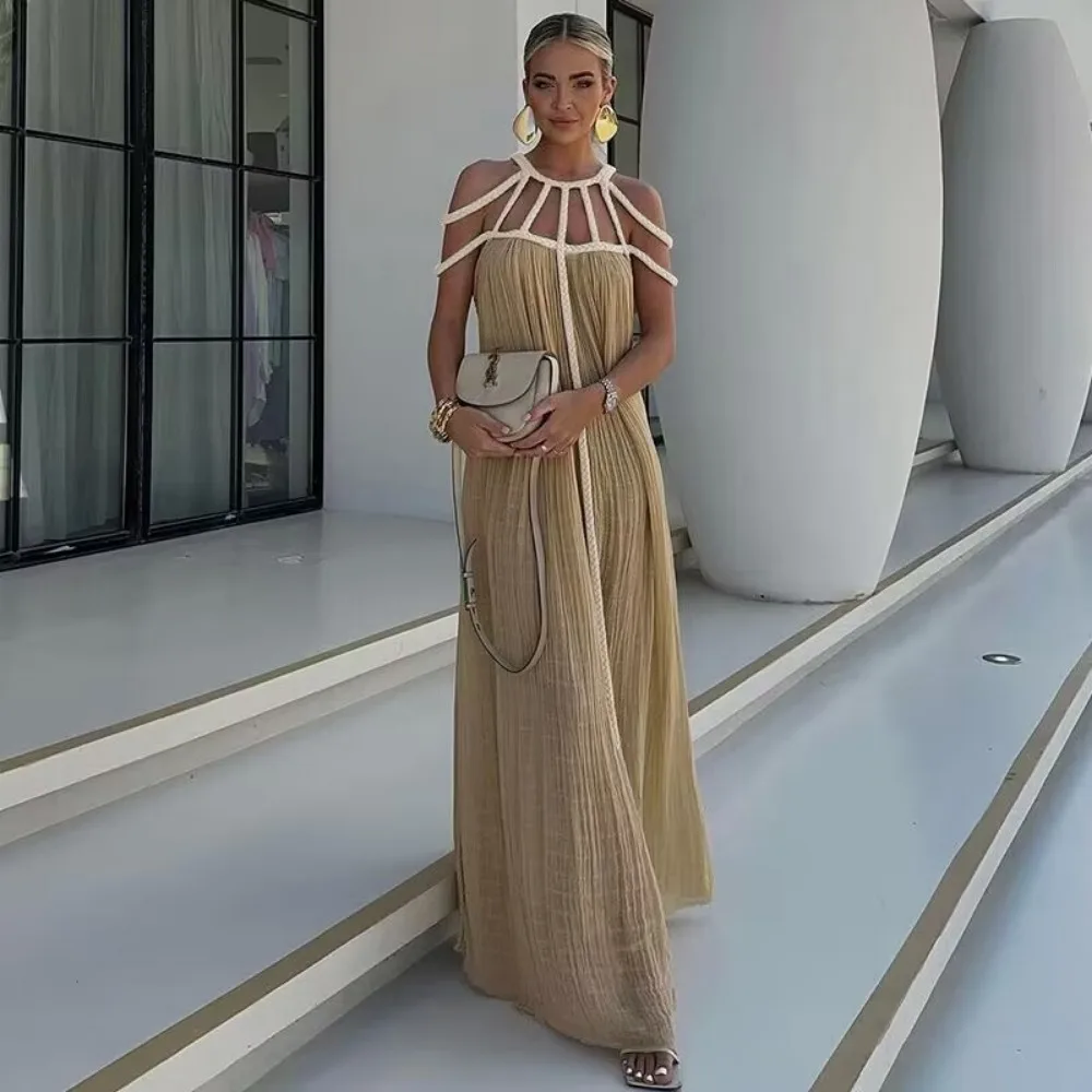 Bohemia Holiday Dress Elegant Solid Casual Loose Long Dresses Summer Party Dress - Image 5