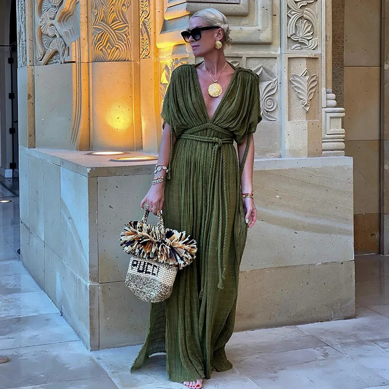 Bohemia Holiday Dress Elegant Solid Casual Loose Long Dresses Summer Party Dress - Image 7