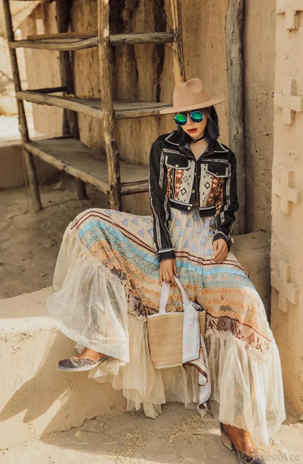 Bohemian Colorful Embroidery Lace Ruffles Asymmetrical Skirt