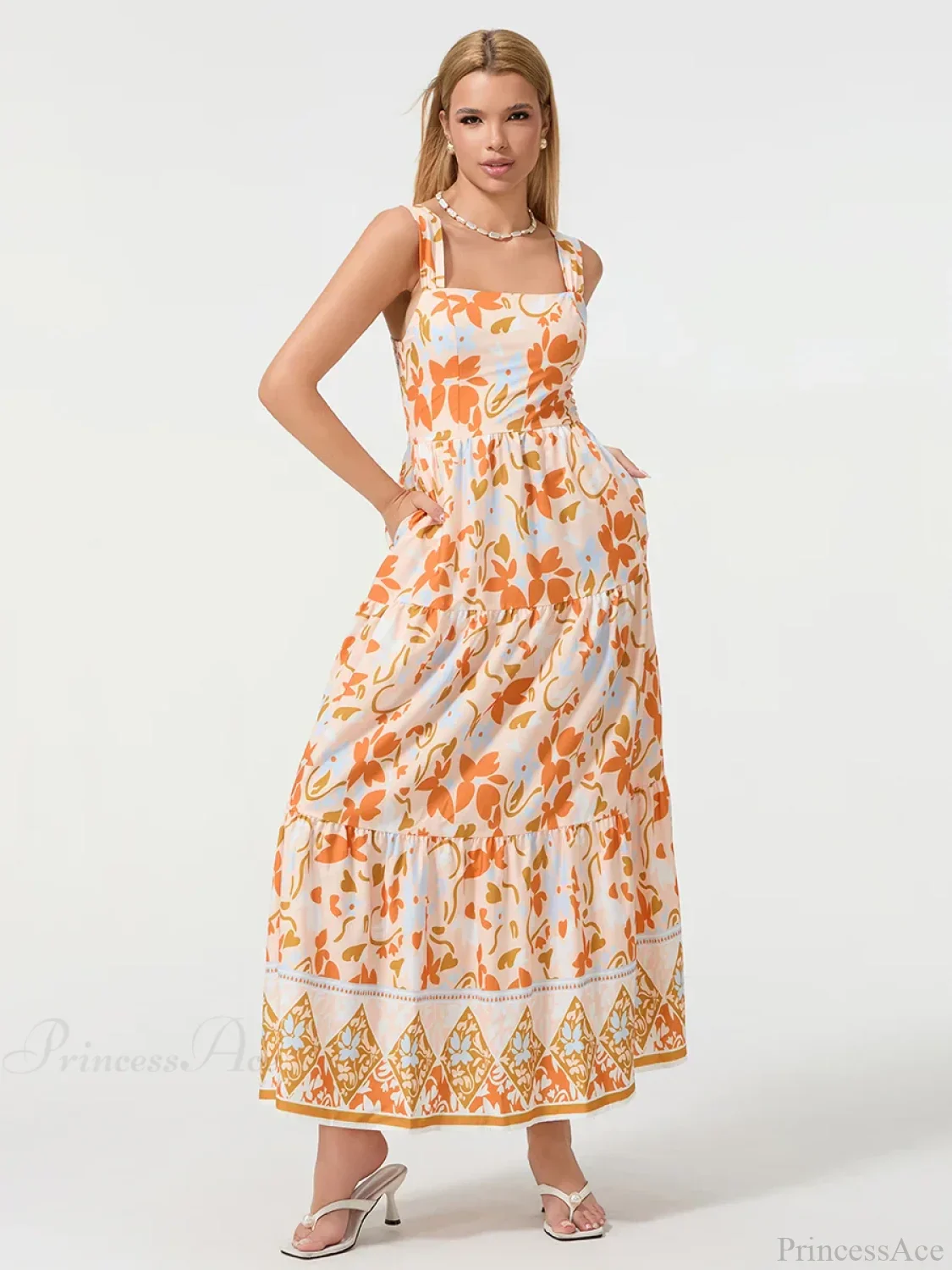 Bohemian Floral Geometric Print Flow Tank Square Neck Sleeveless A-Line Dress - Image 5
