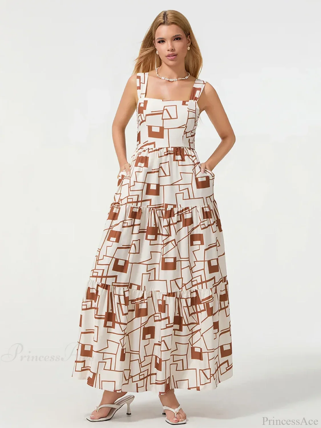 Bohemian Floral Geometric Print Flow Tank Square Neck Sleeveless A-Line Dress - Image 6