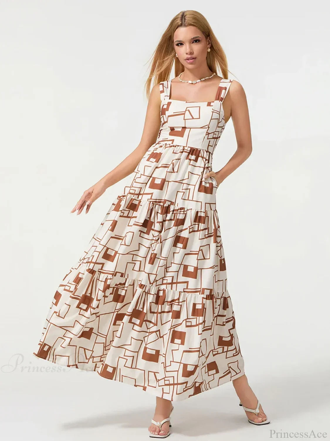 Bohemian Floral Geometric Print Flow Tank Square Neck Sleeveless A-Line Dress - Image 7