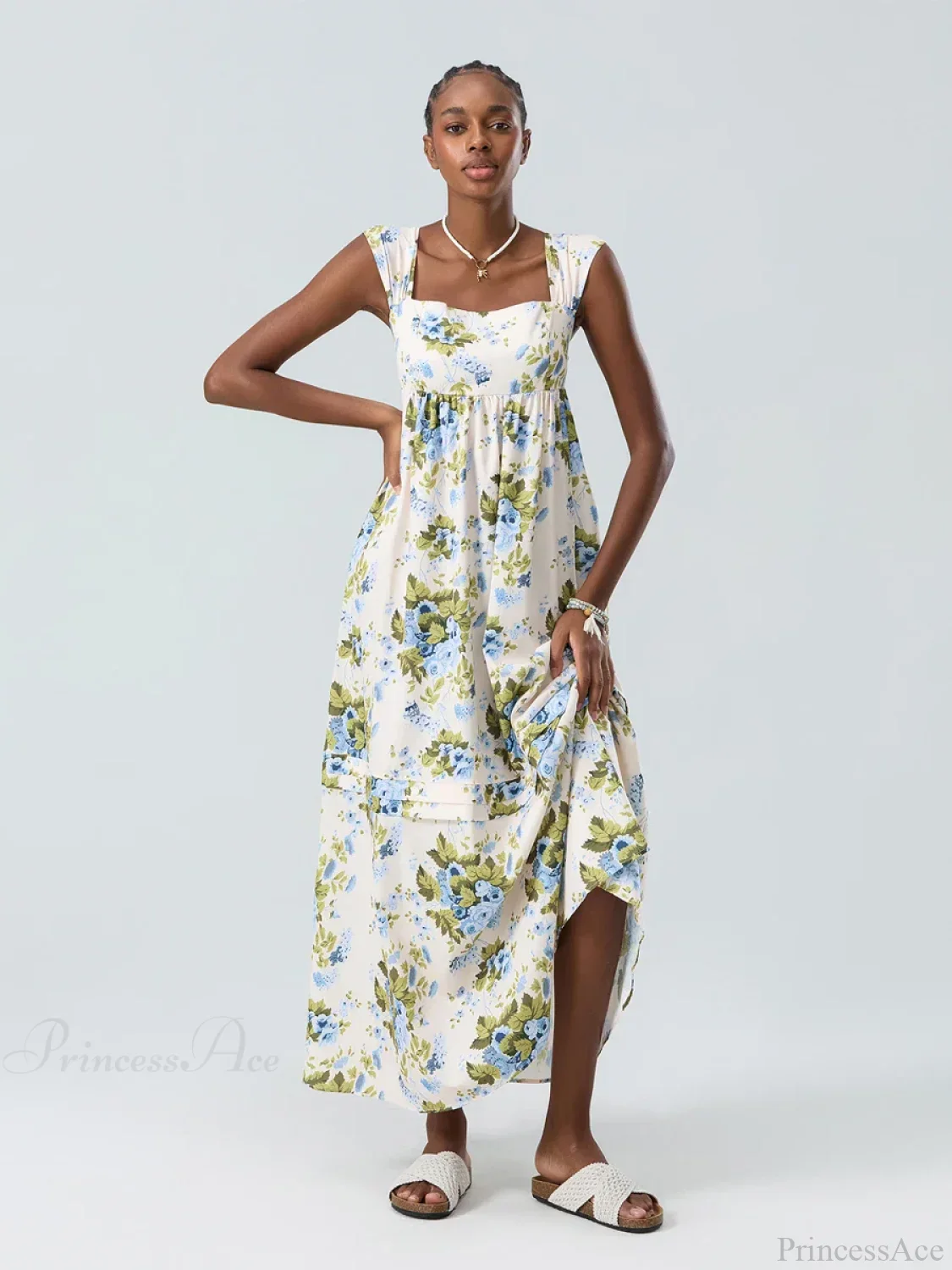 Bohemian Floral Tank Back Tied Square Neck Ruffle Flowy Floral Dress