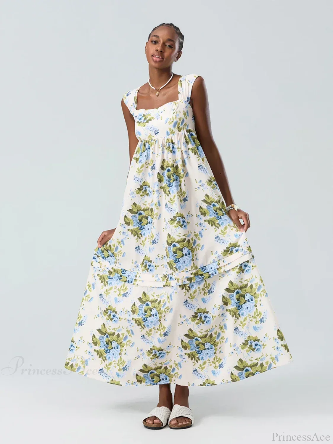 Bohemian Floral Tank Back Tied Square Neck Ruffle Flowy Floral Dress - Image 2