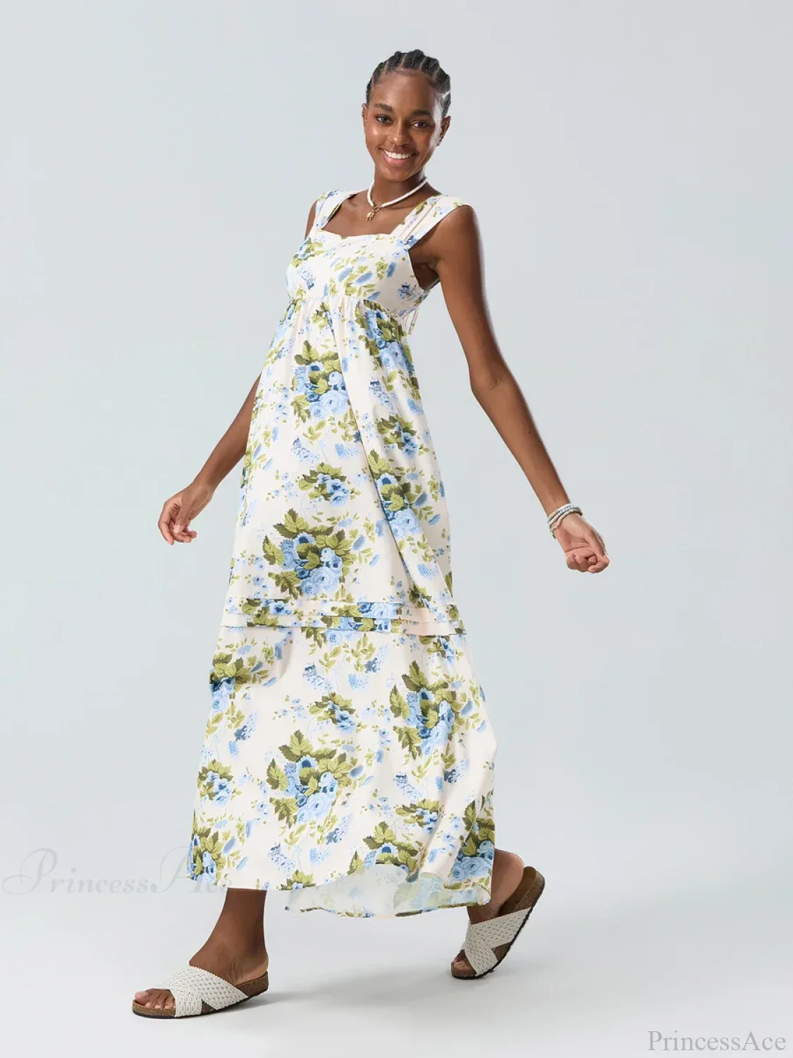Bohemian Floral Tank Back Tied Square Neck Ruffle Flowy Floral Dress - Image 6