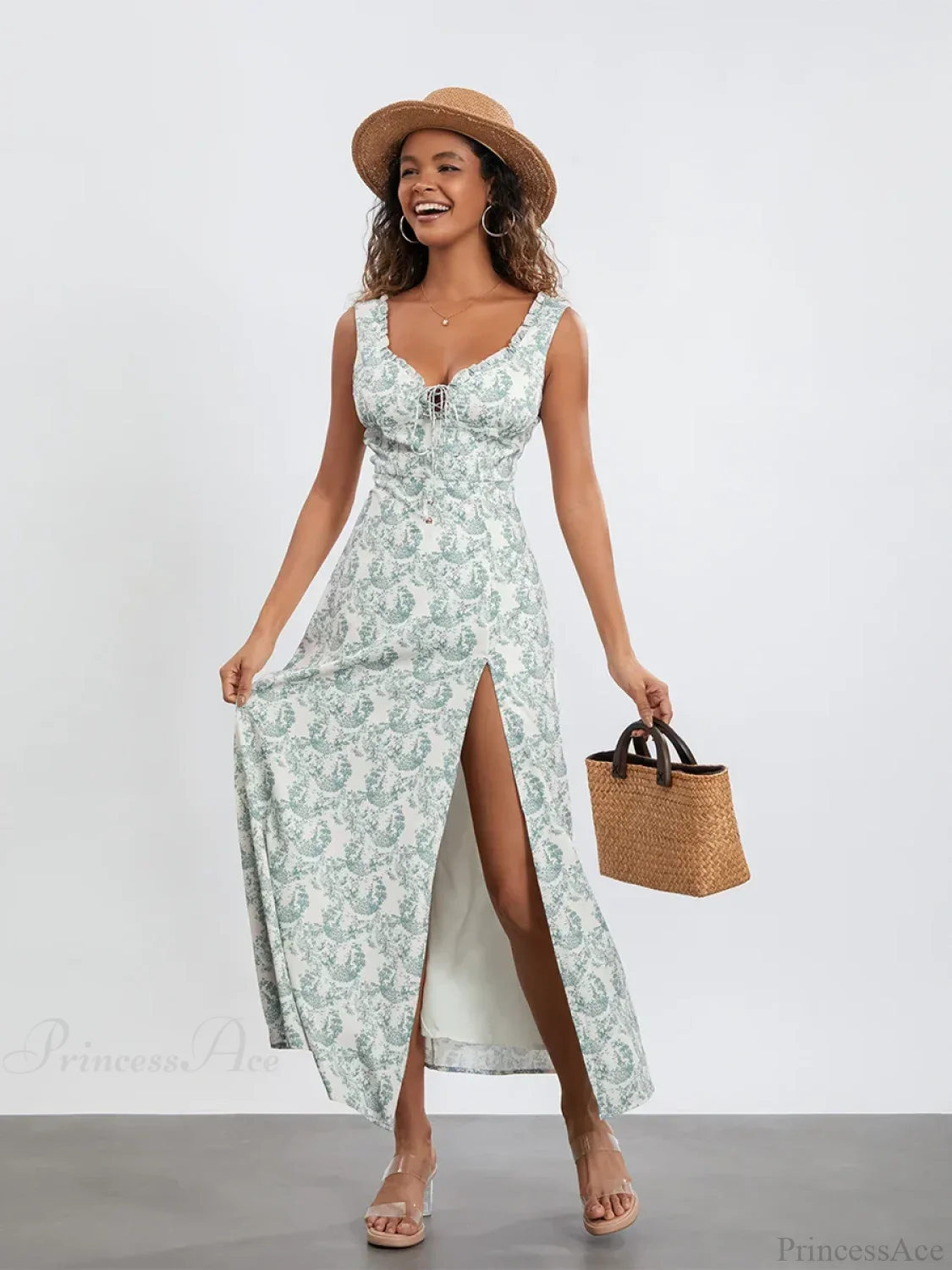 Bohemian Floral Tank Dress Sleeveless Ruffled Tie-up Sweetheart Floral Dress - Image 3