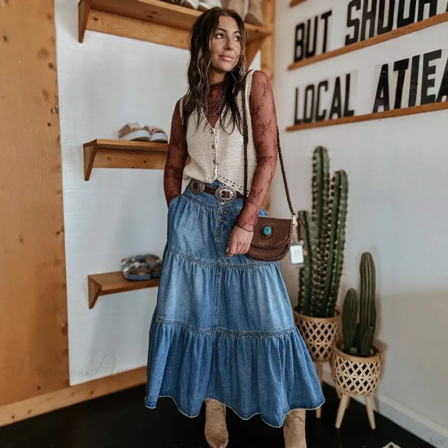 Bohemian Tiered Denim Maxi Skirt - Image 3