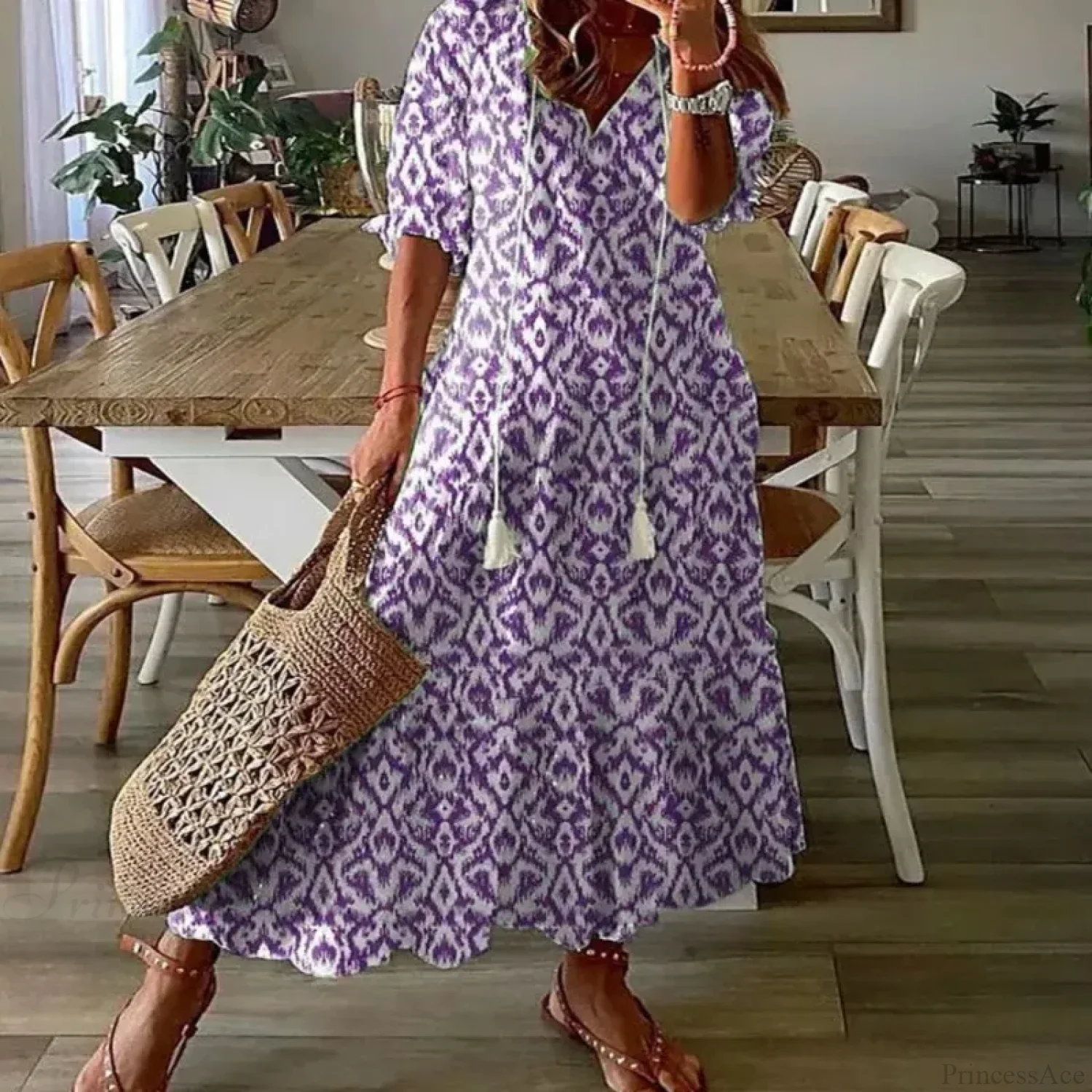 Bohemian Vintage Floral V-neck Summer Beach Dress - Image 2