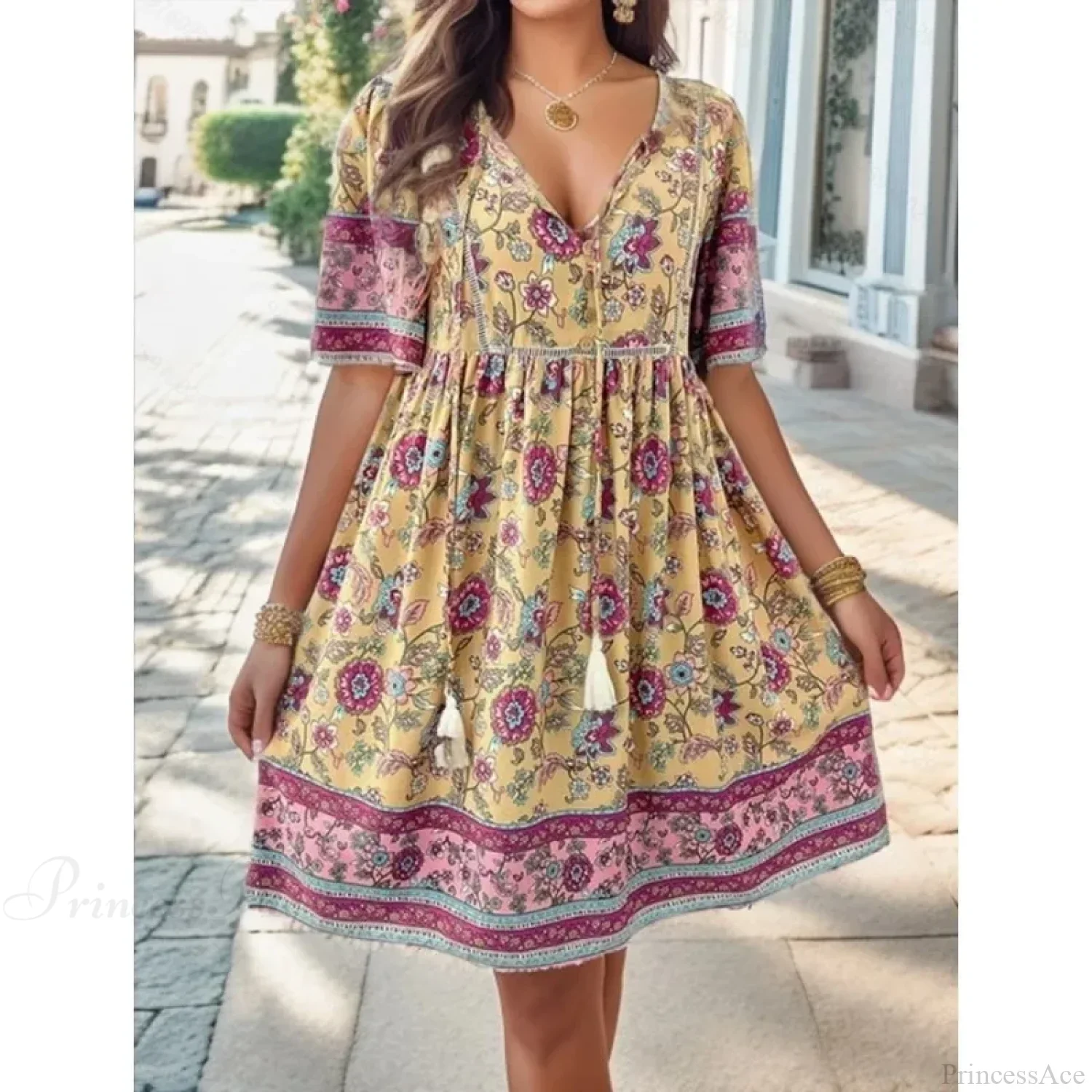 Boho Beach Floral Print Mini Floral Dress - Image 3