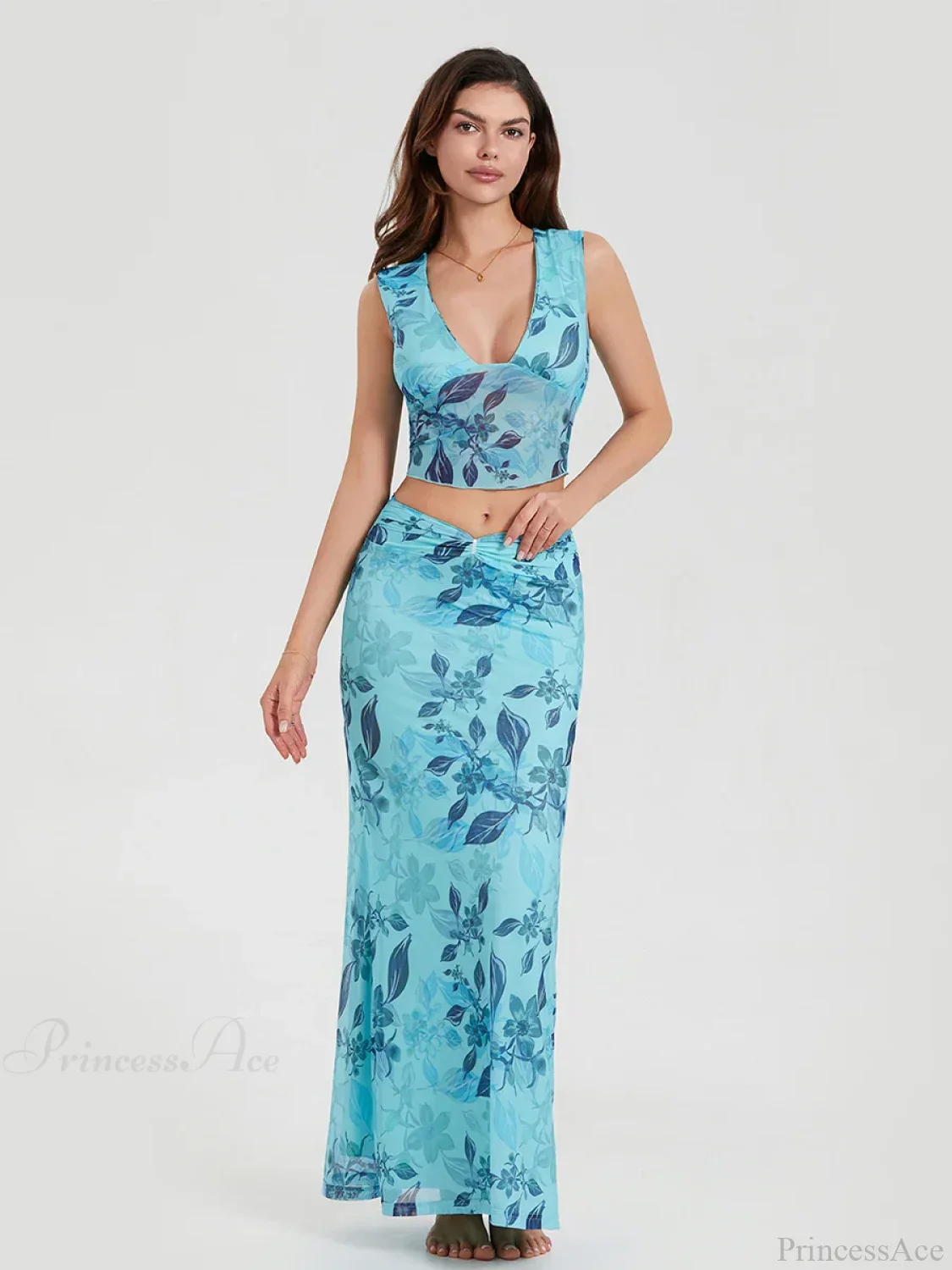 Boho Blue Floral Back Bandage Crop Tank Wrap Long Floral Dress