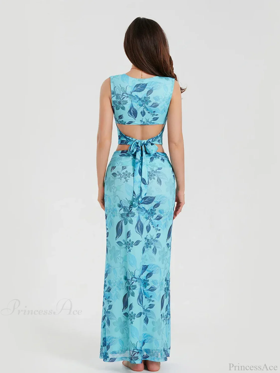 Boho Blue Floral Back Bandage Crop Tank Wrap Long Floral Dress - Image 5