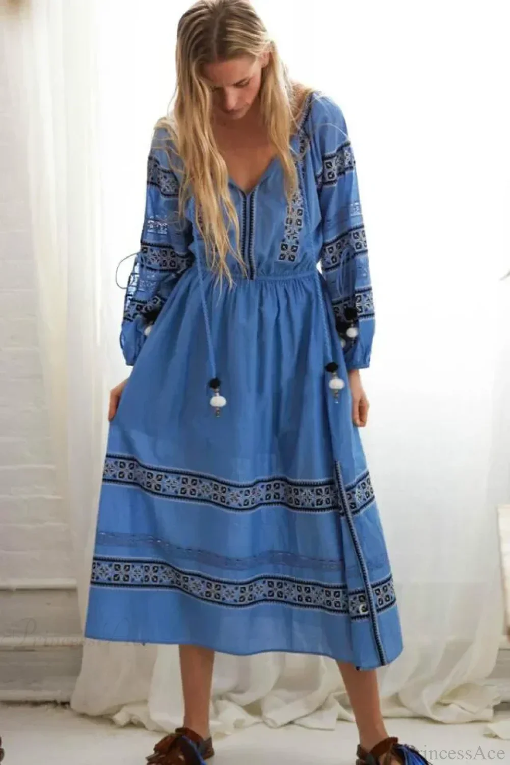 Boho Blue/White Cotton Rayon Maxi Dress - Image 6