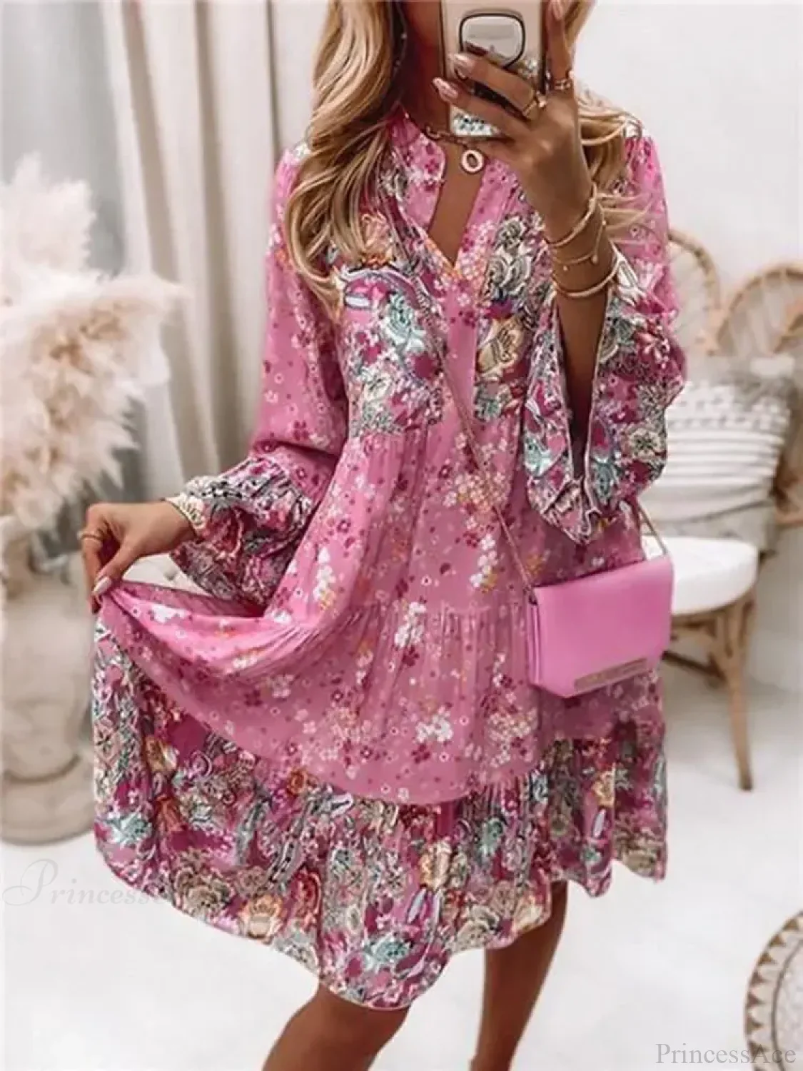Boho Casual V-neck Loose A-line Floral Beach Party Dress - Image 5