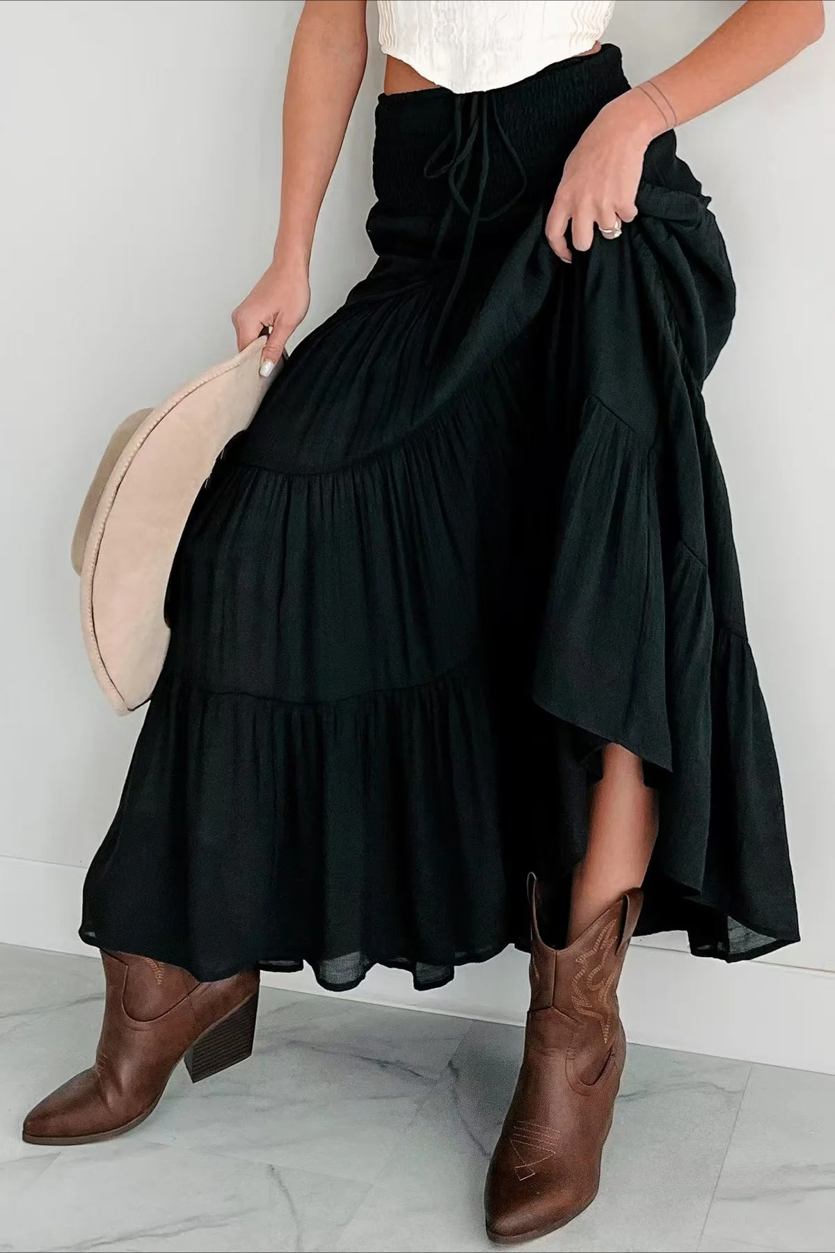 Boho Chic High Waisted Contrast Drawstring A Line Maxi Skirt - Image 11