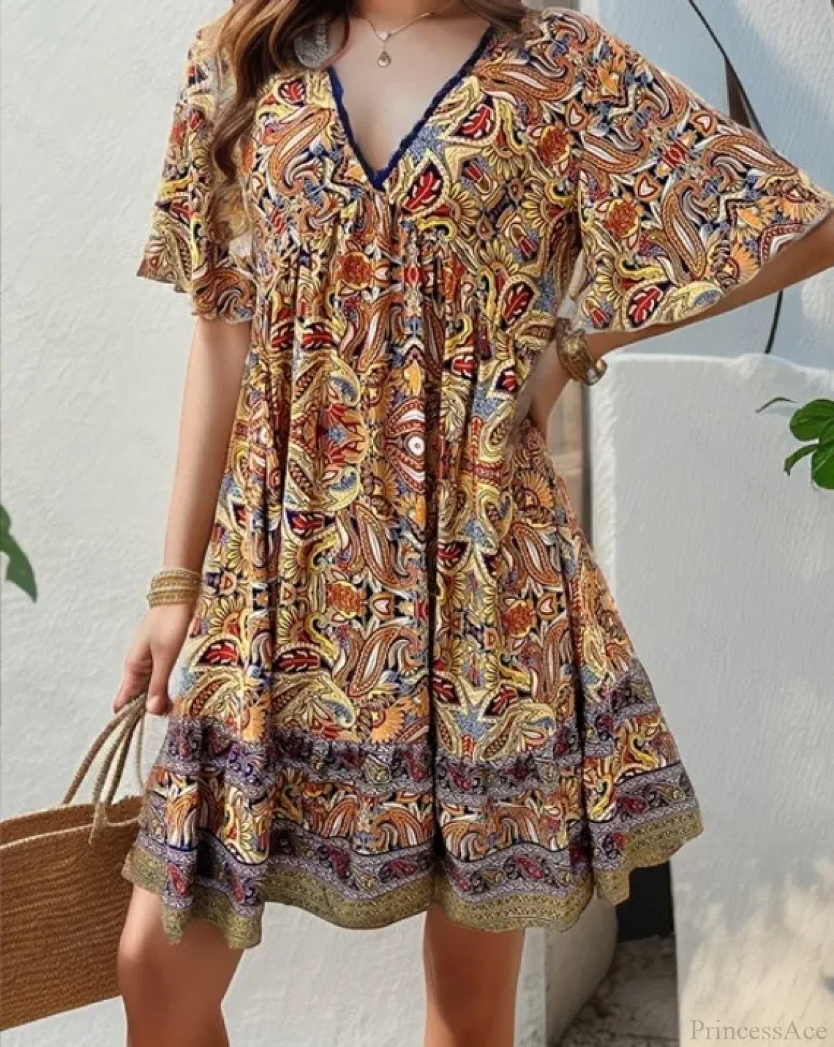 Boho Floral Mini V-neck Short Sleeve Beach Floral Dress - Image 10