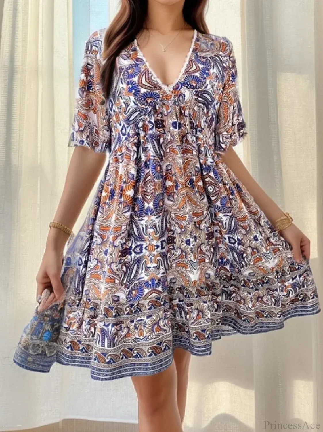 Boho Floral Mini V-neck Short Sleeve Beach Floral Dress - Image 8