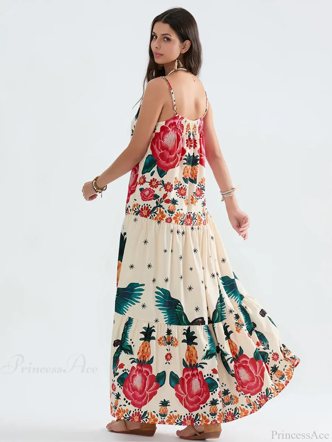 Boho Flowy Leaves Floral Ruched A-Line Floral Dress - Image 3