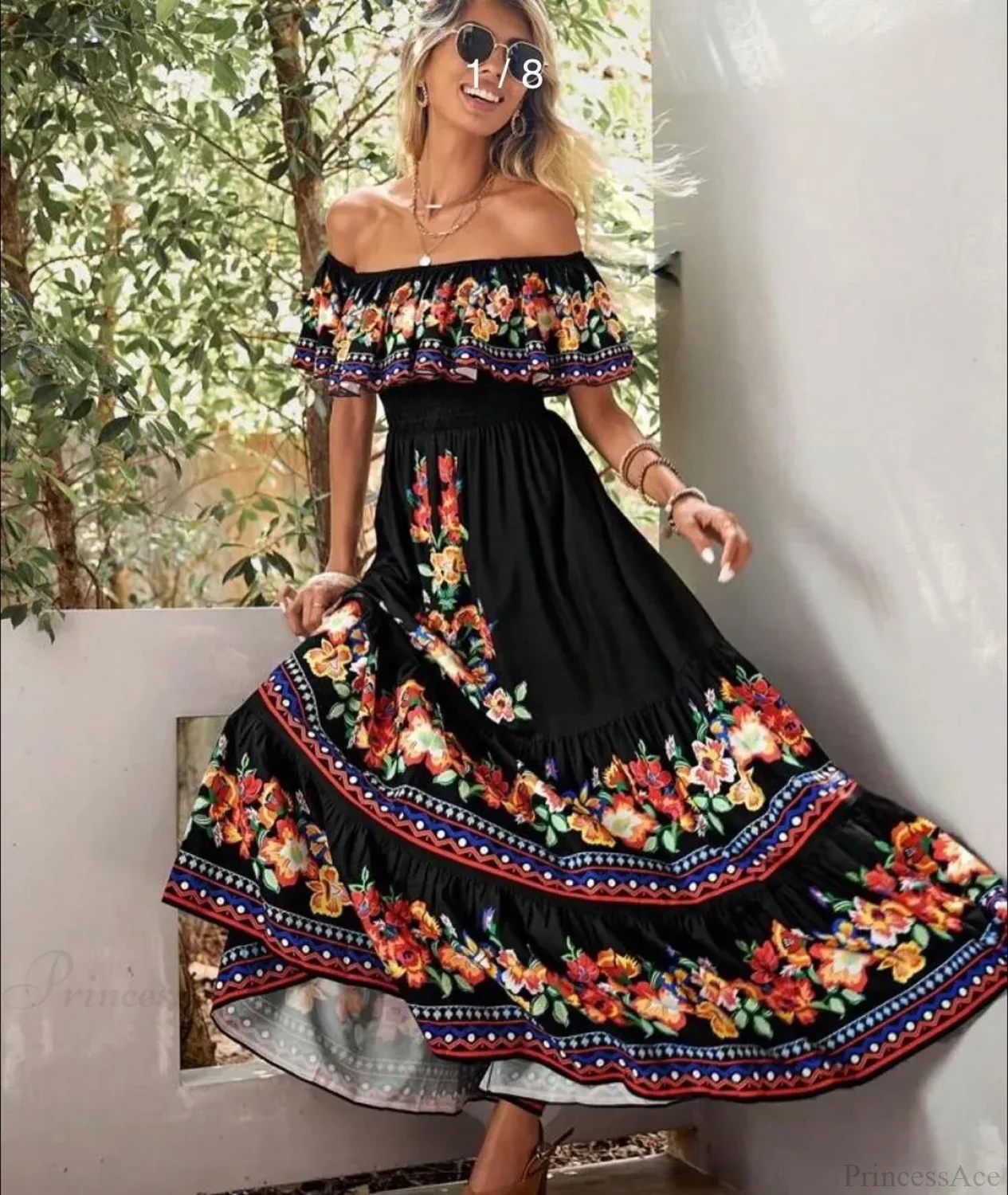 Boho Off-Shoulder Ruffle Floral Print Maxi Floral Dress - Image 9