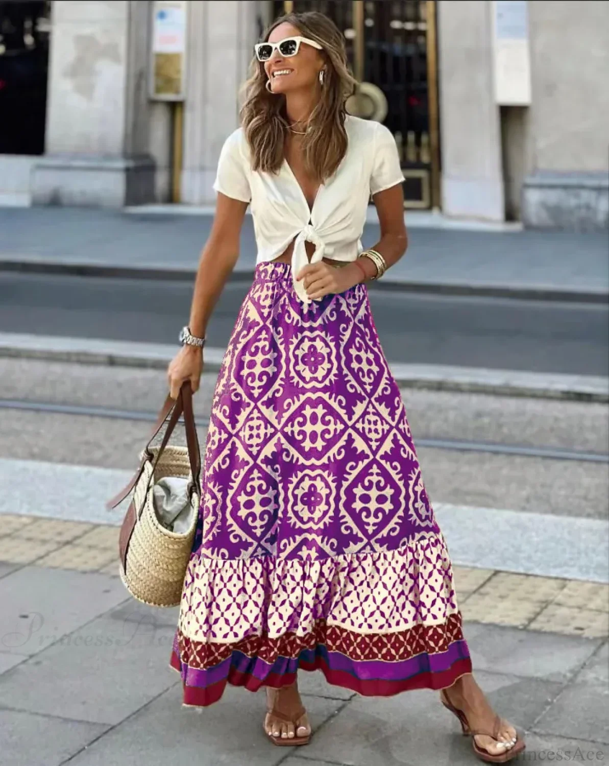 Boho Print High Waist Maxi Skirt Casual Loose Summer Skirt - Image 3