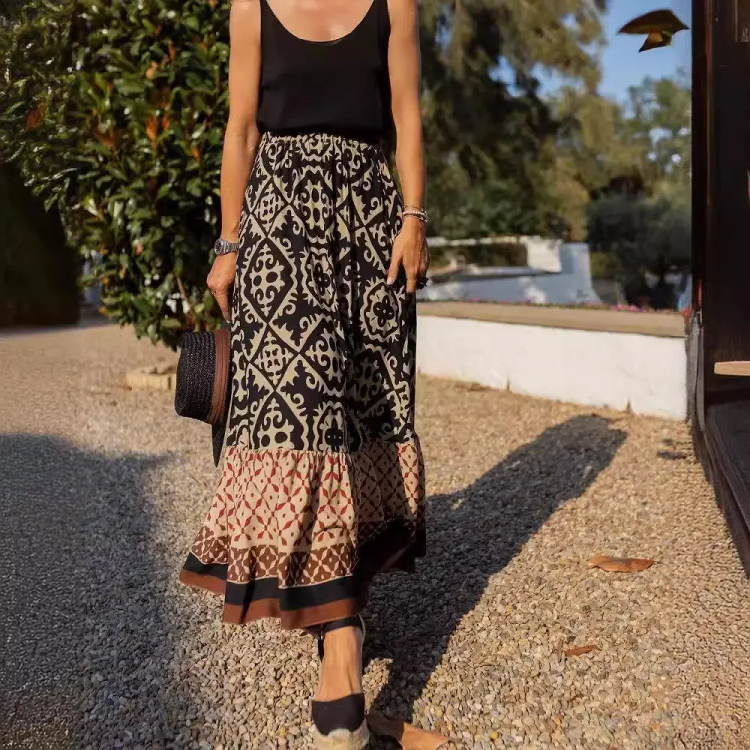 Boho Print High Waist Maxi Skirt Casual Loose Summer Skirt - Image 5