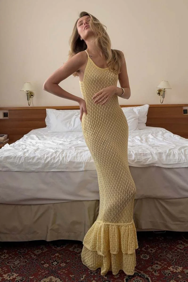 Boho Ruffle Knit Sexy Cutout Sheer Cami Maxi Dress - Image 2