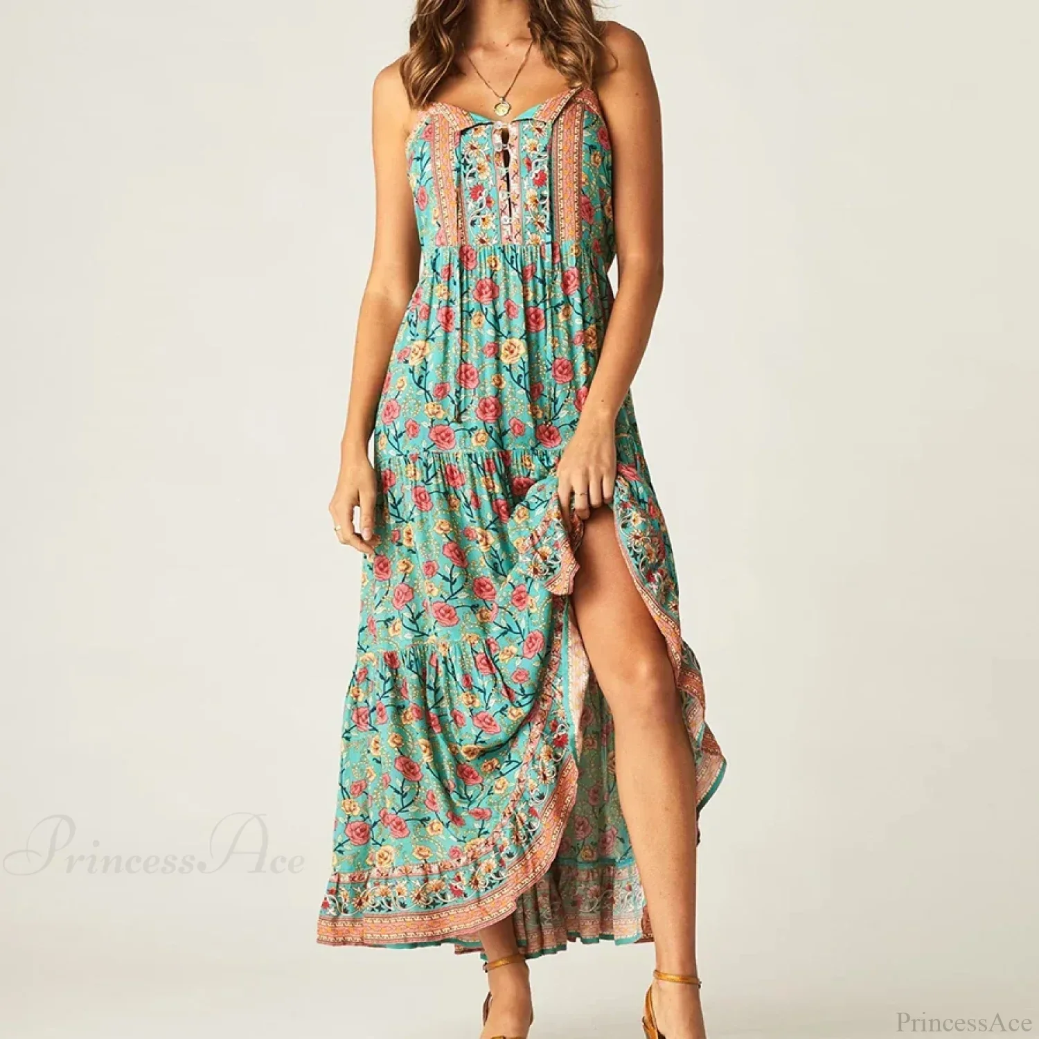 Boho Strap Dresses Gypsy Sleeveless Rayon Floral Print Maxi Dress - Image 3