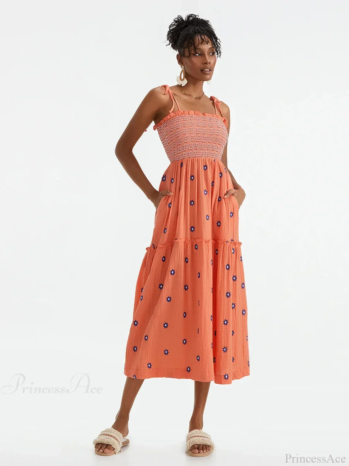 Boho Summer Flower Embroidery Tie-Up Shoulder Shirred A-Line Beach Dress - Image 10