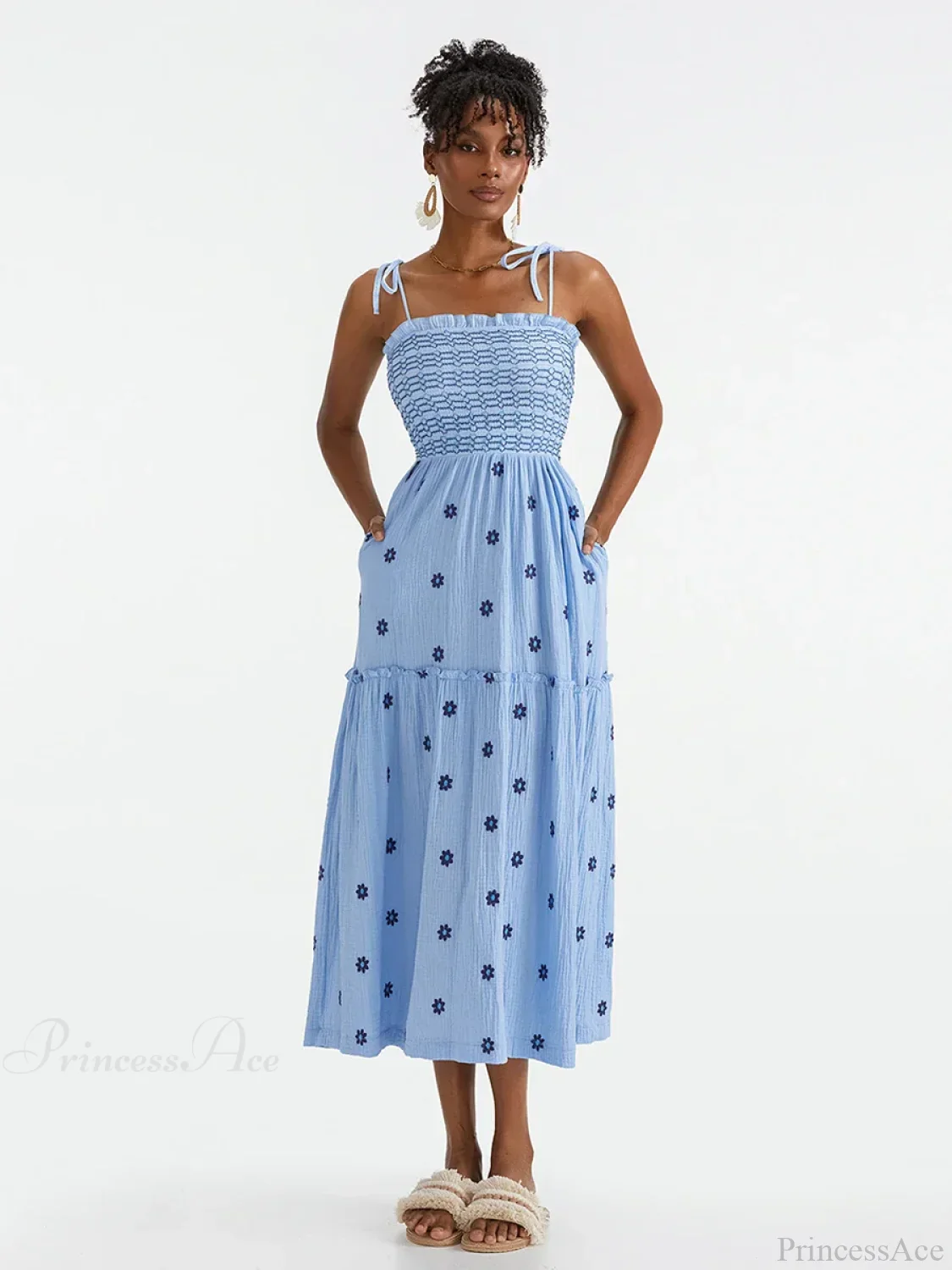 Boho Summer Flower Embroidery Tie-Up Shoulder Shirred A-Line Beach Dress - Image 13