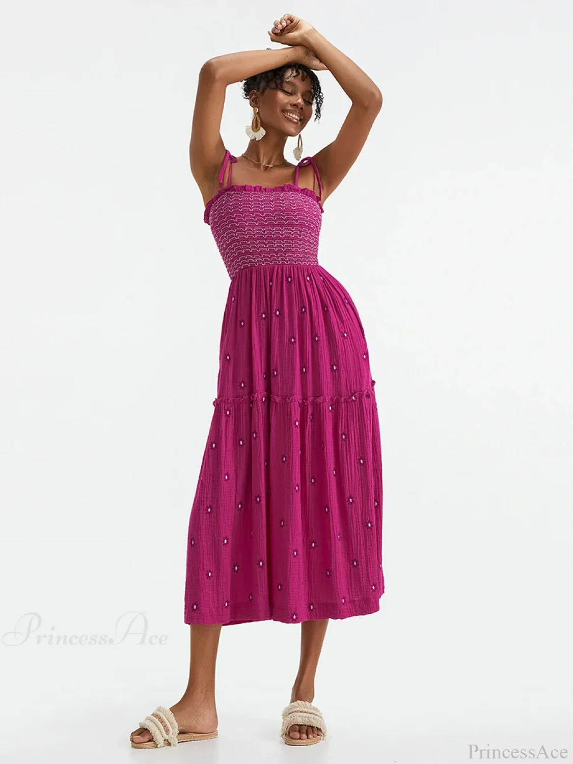 Boho Summer Flower Embroidery Tie-Up Shoulder Shirred A-Line Beach Dress - Image 5