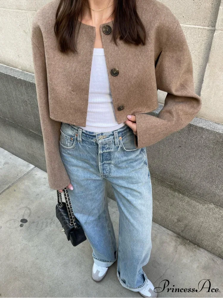 Bomber Demi-season Round Neck Buttoned Cropped Casual Autumn Chic Stylish Coat - Image 5