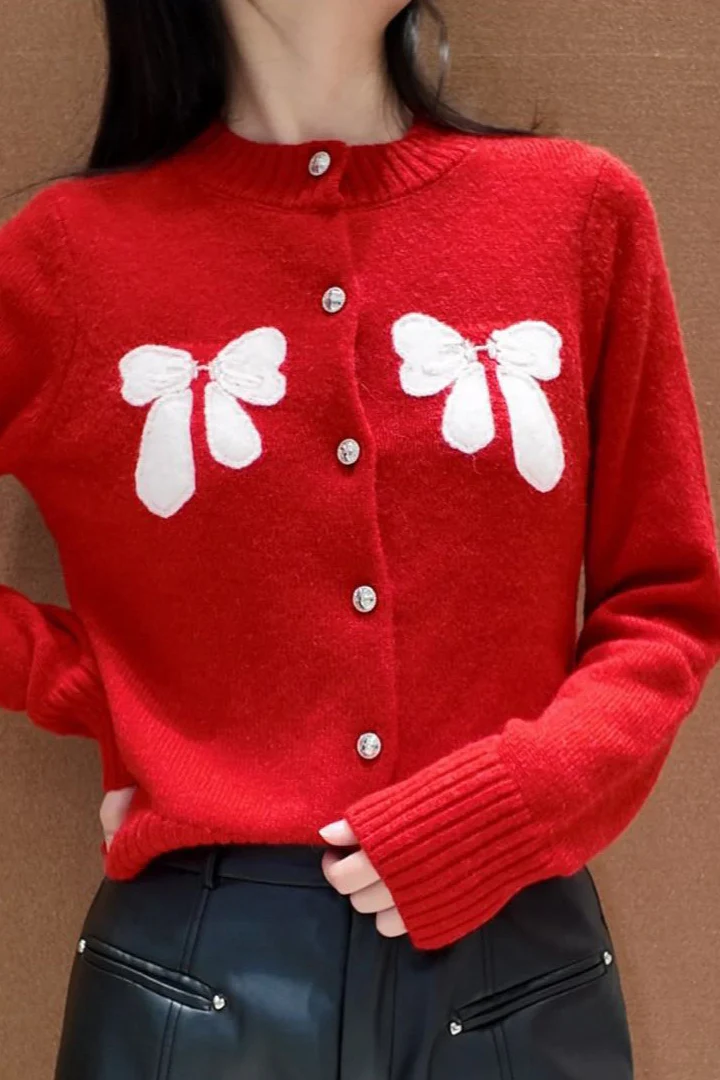 Bow Accent Red Knit Cardigan - Image 2