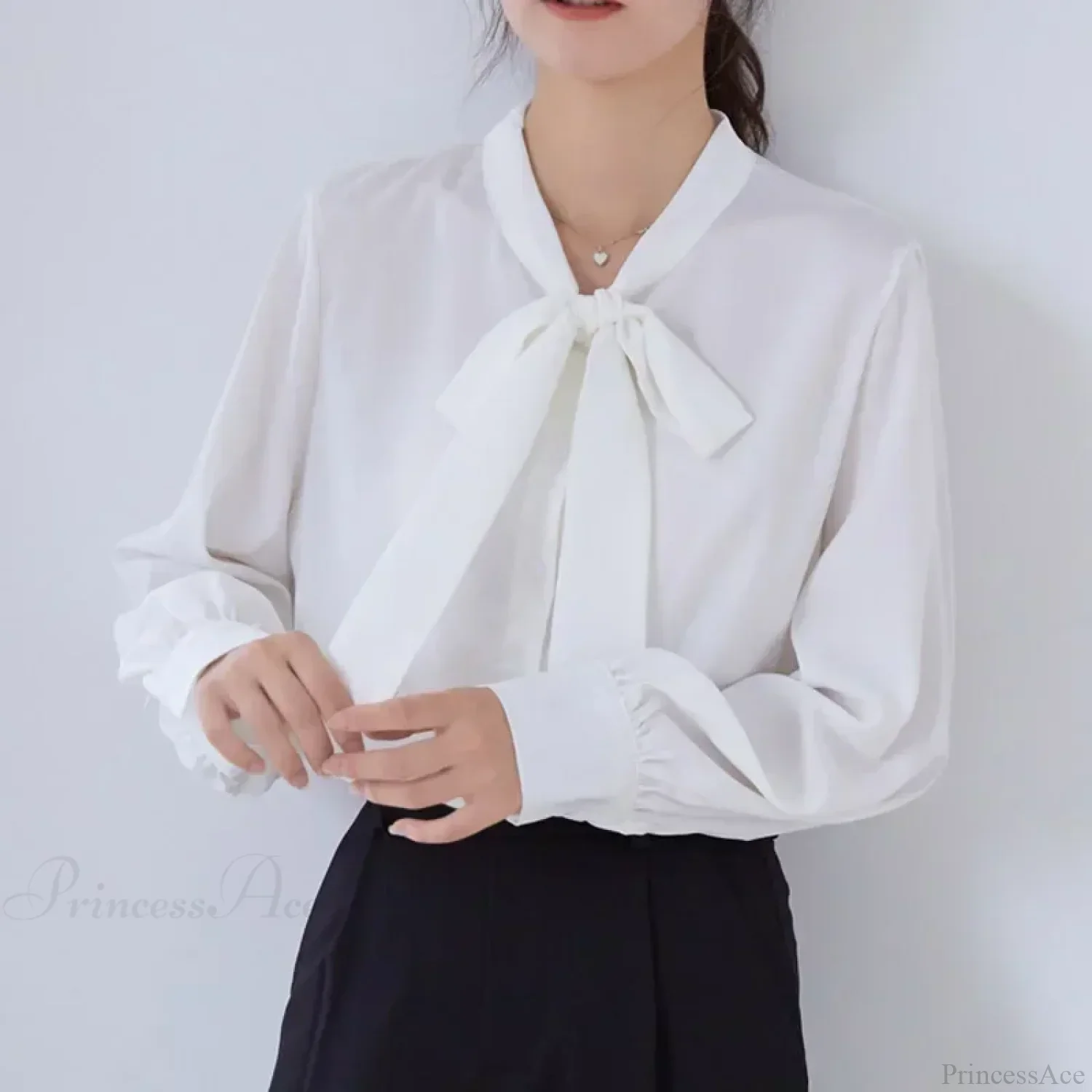 Bow Champagne Satin Long Sleeve Office Lady Blouse - Image 2