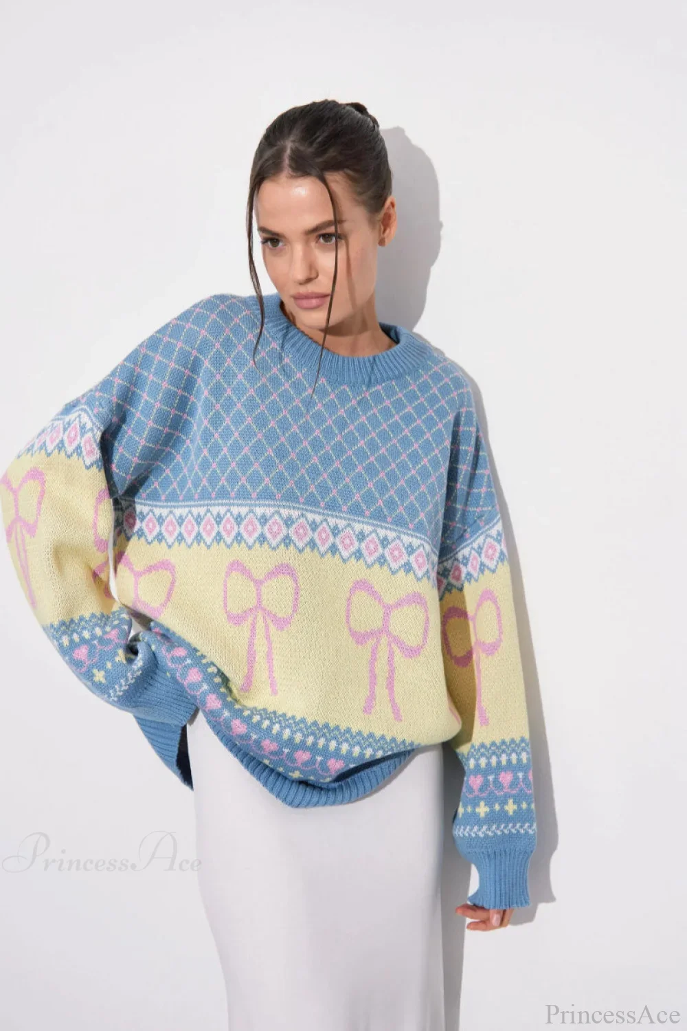 Bow Color Block Crew Neck Outer Wear Warm Lazy Knit Sweater
