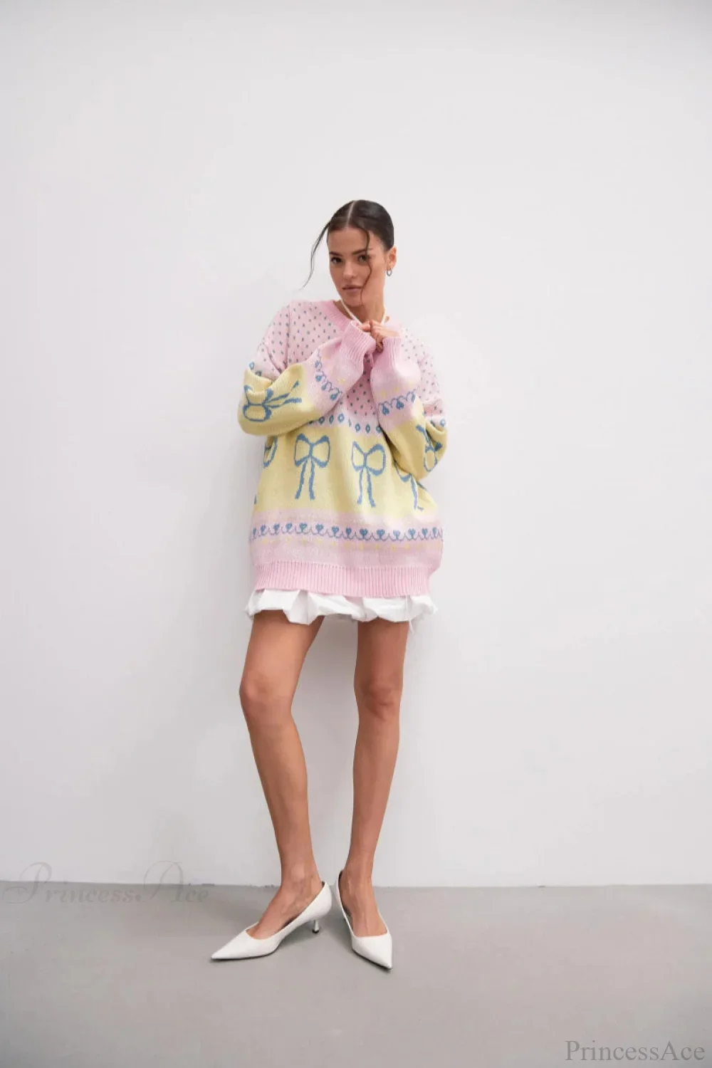 Bow Color Block Crew Neck Outer Wear Warm Lazy Knit Sweater - Image 6