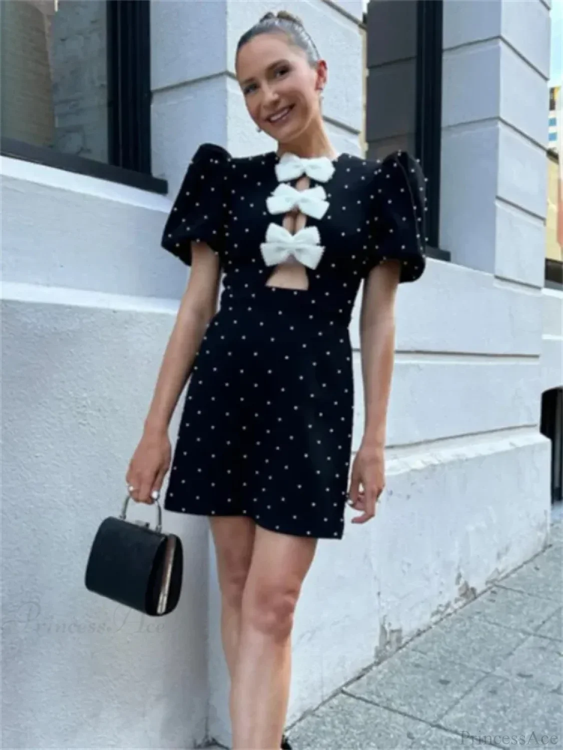 Bow Hollow-Out Patchwork Mini Dress - Image 2