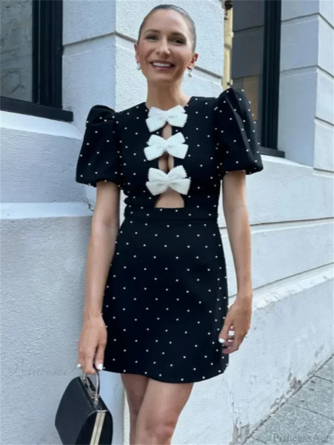 Bow Hollow-Out Patchwork Mini Dress - Image 3