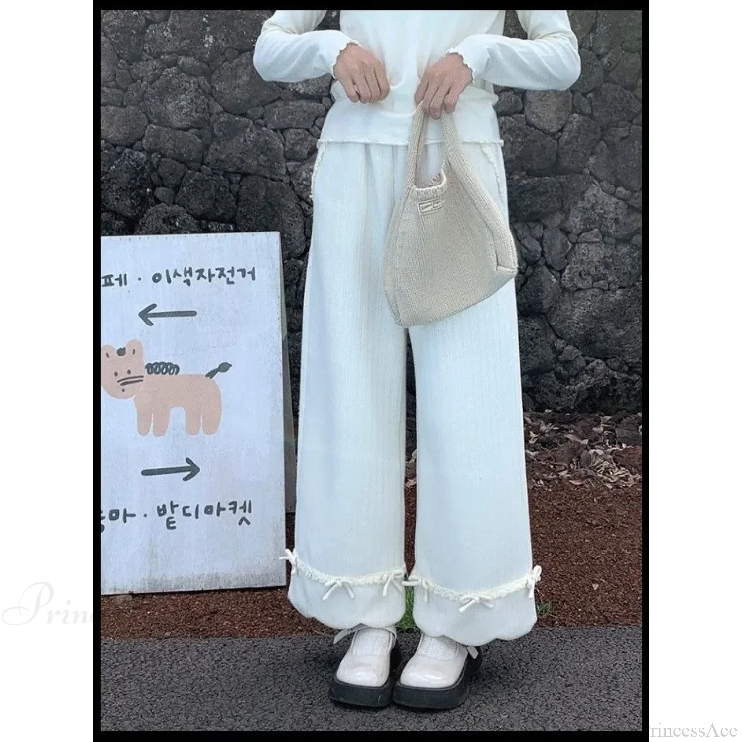 Bow Lace Corduroy Wide Leg Pants - Image 2
