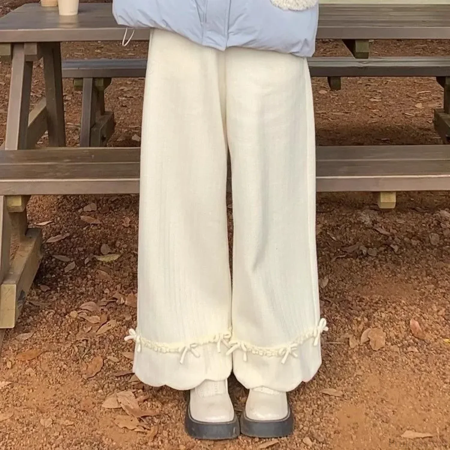Bow Lace Corduroy Wide Leg Pants - Image 3