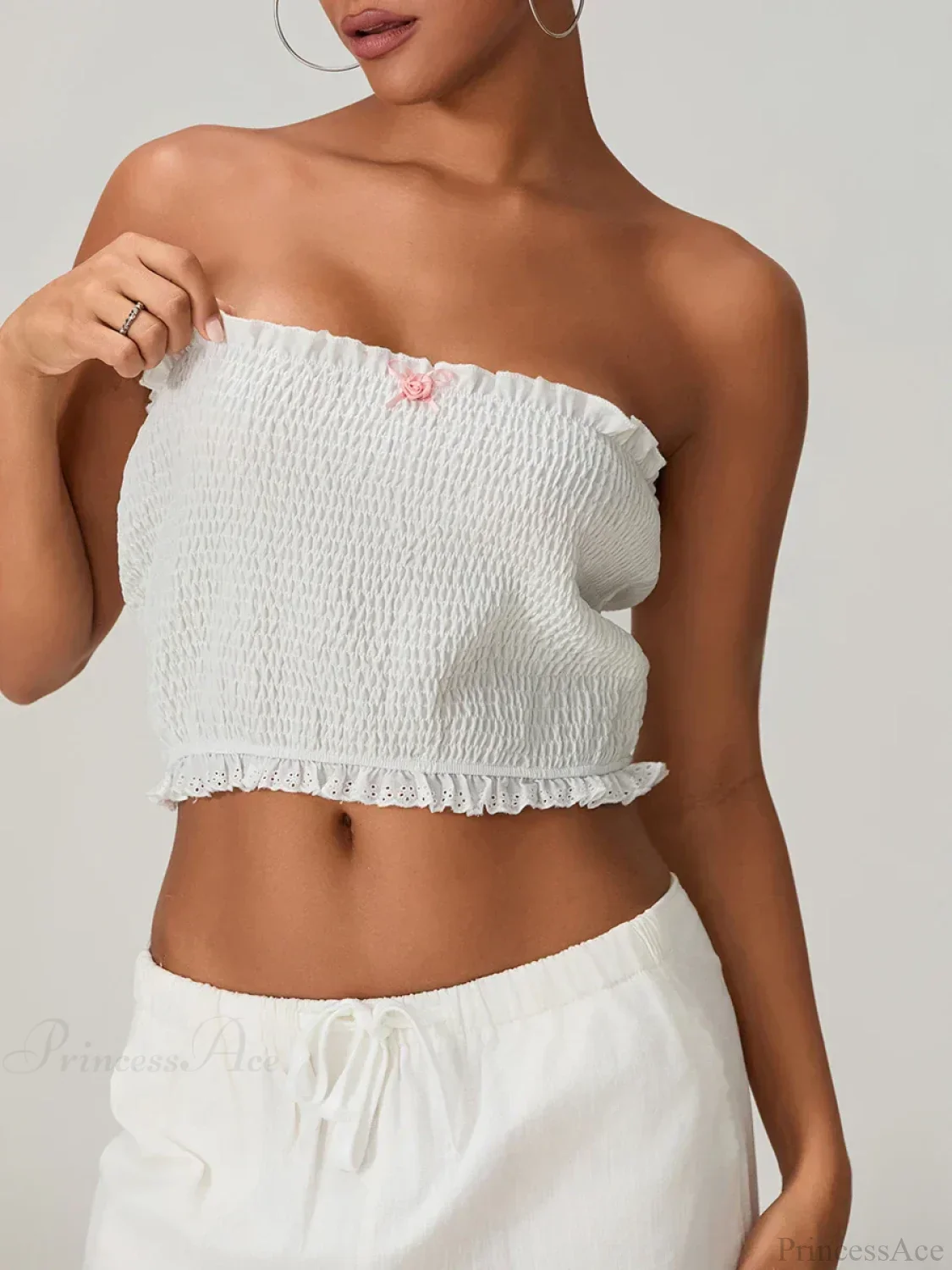 Bow Lace Smocked Strapless Backless Crop Bandeau Top - Image 3