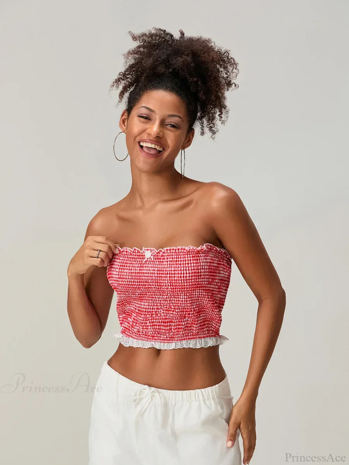 Bow Lace Smocked Strapless Backless Crop Bandeau Top - Image 5