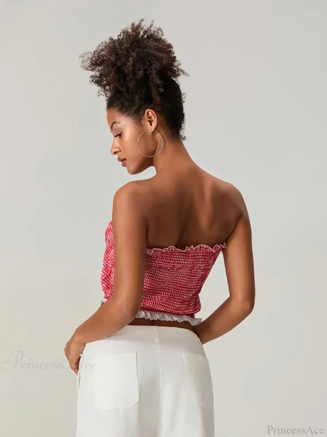 Bow Lace Smocked Strapless Backless Crop Bandeau Top - Image 6
