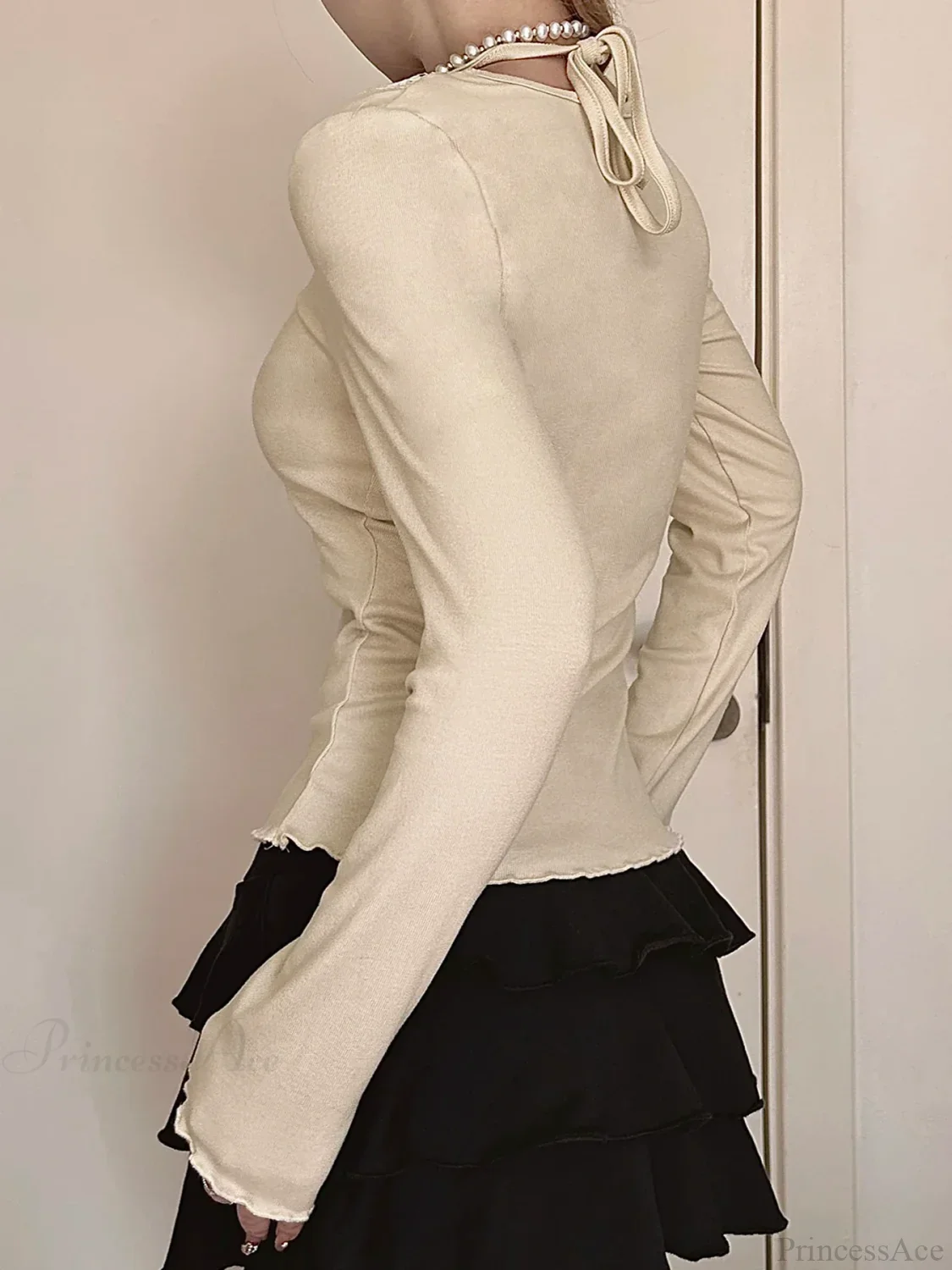 Bow Patchwork Lace Trim Halter V-Neck Long Sleeve Knit Top - Image 2