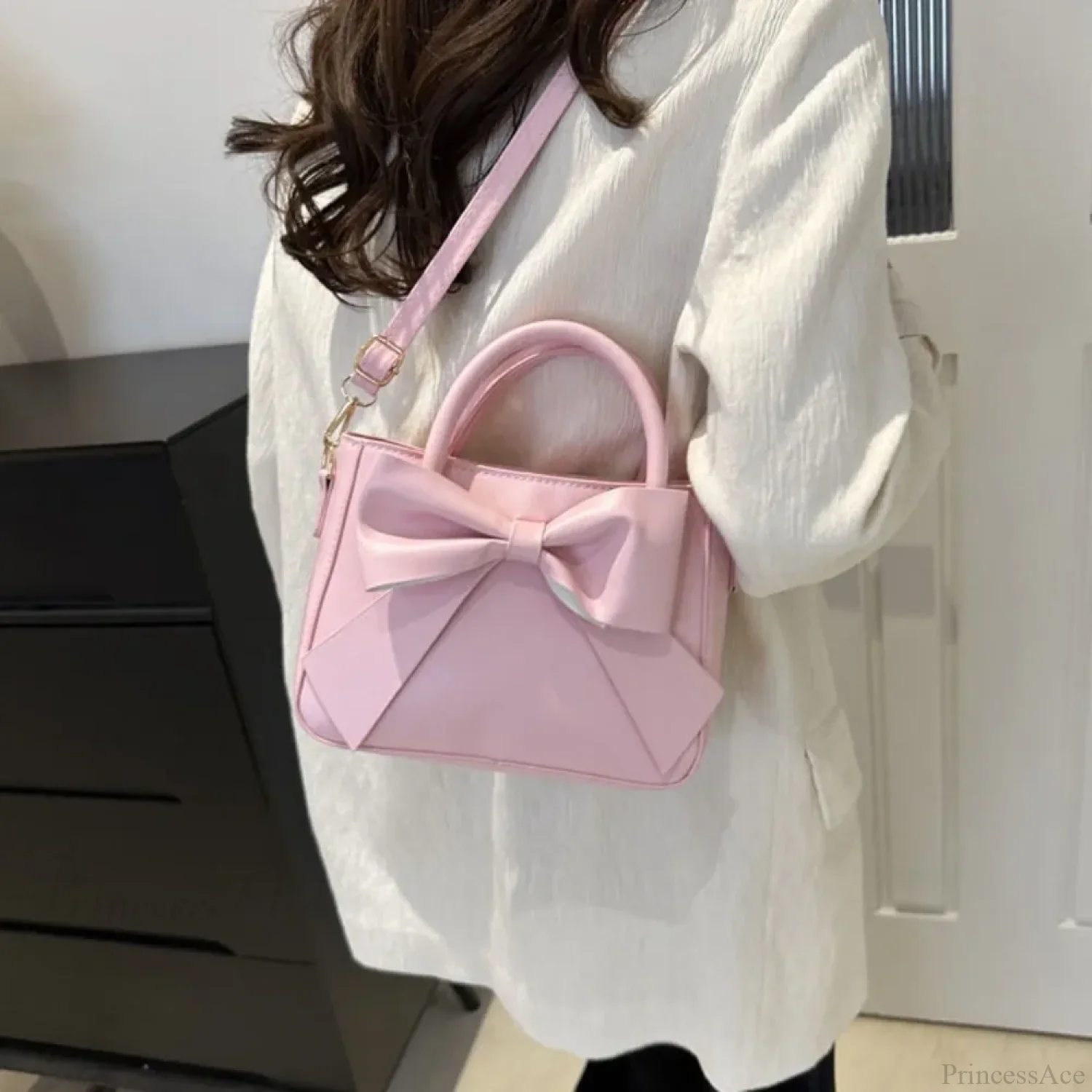 Bow PU Leather Solid Underarm Handbag - Image 3