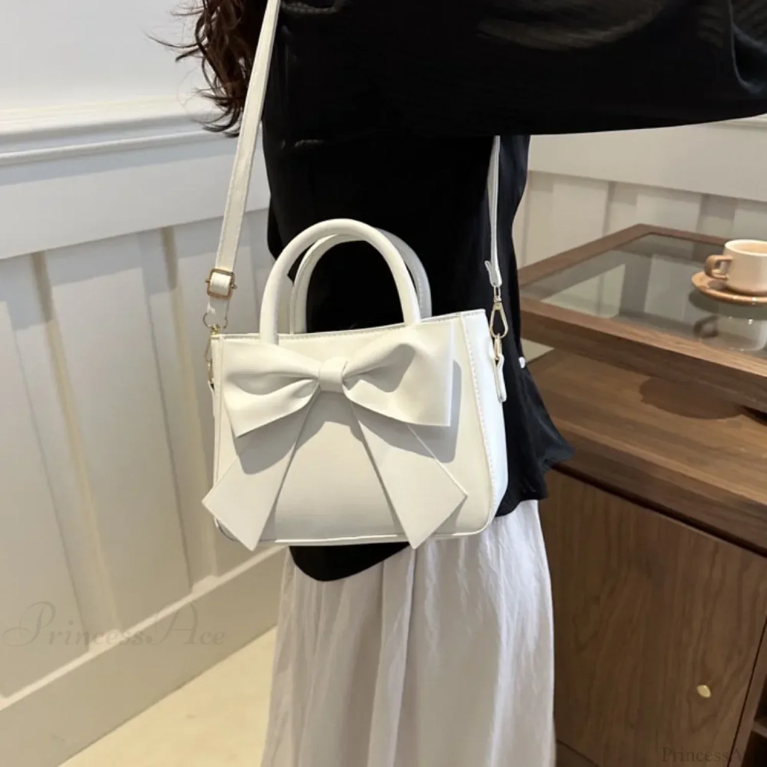 Bow PU Leather Solid Underarm Handbag - Image 4