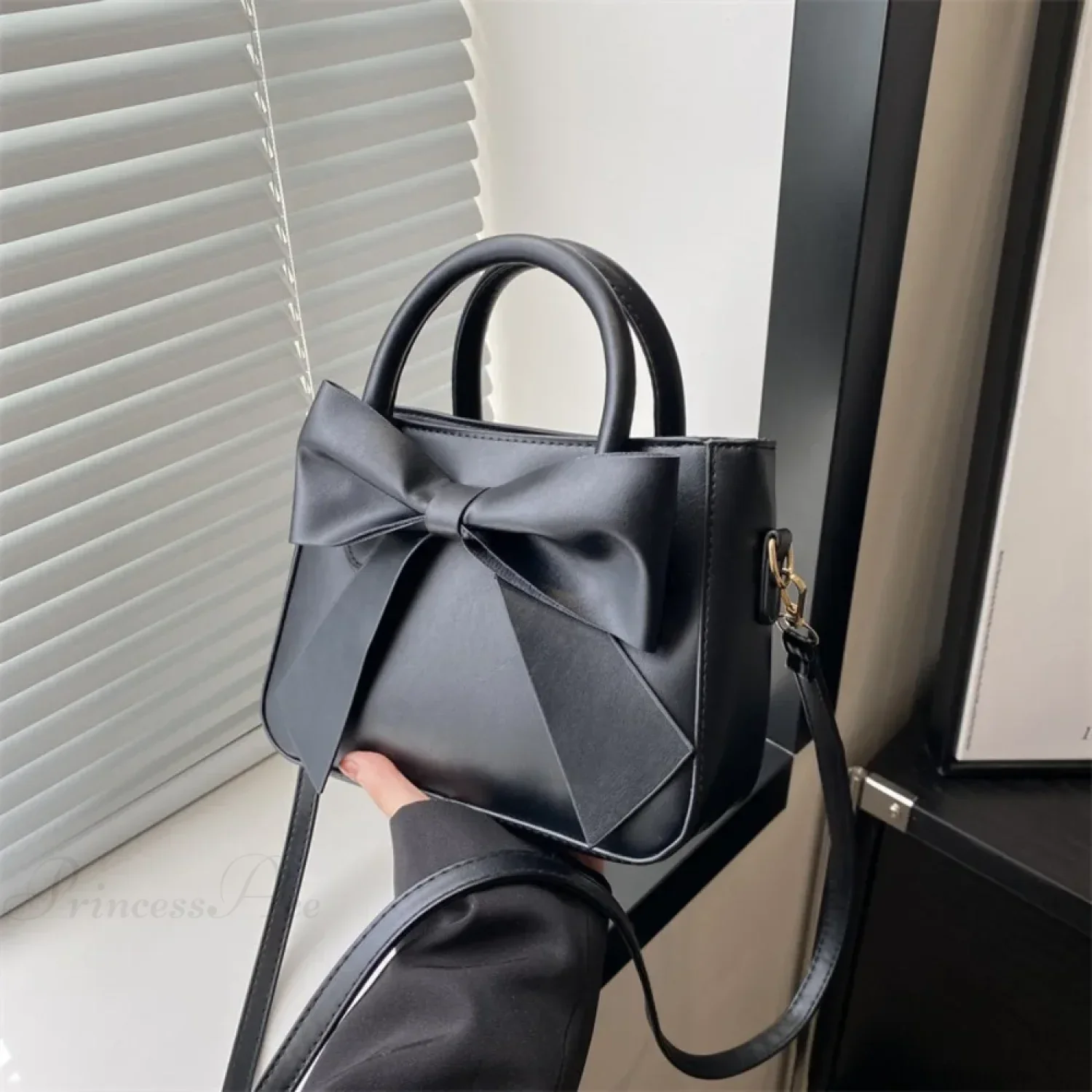Bow PU Leather Solid Underarm Handbag - Image 7