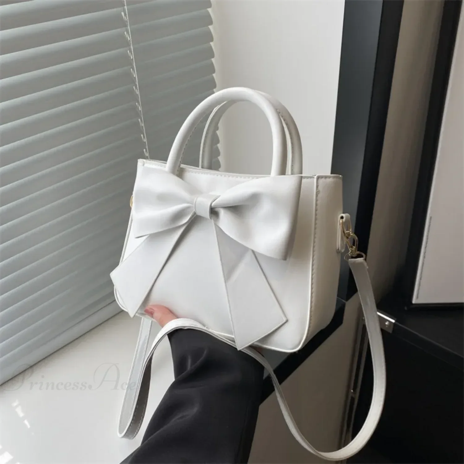 Bow PU Leather Solid Underarm Handbag - Image 8